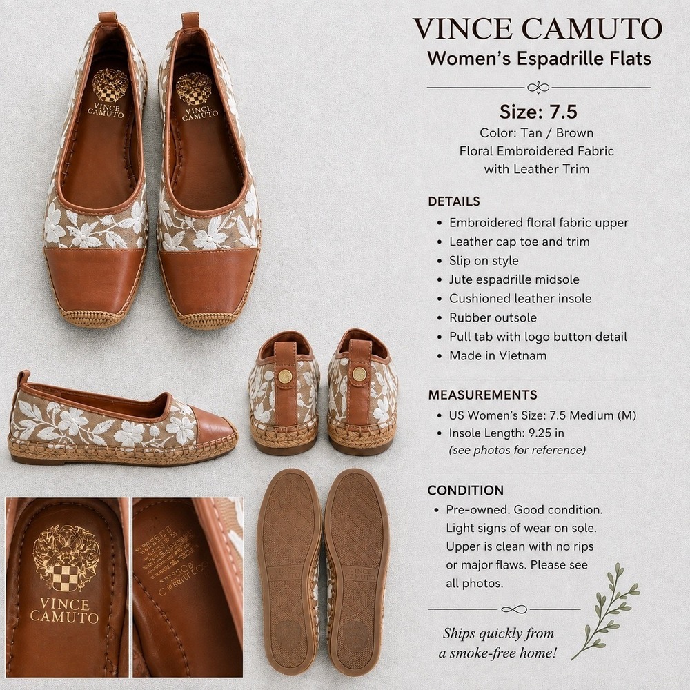 Vince Camuto Espadrille Flats Women 7.5 Tan Brown New Floral Leather Cap Toe